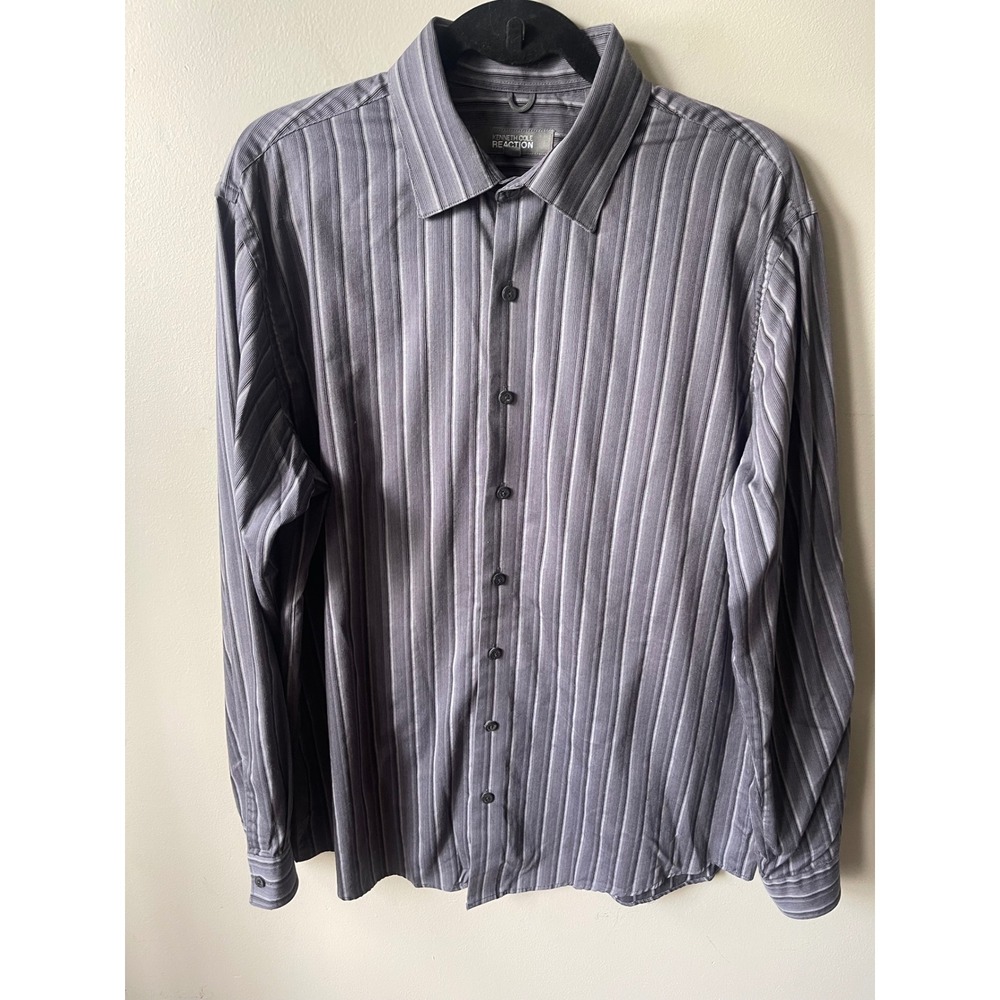 Kenneth Cole Reaction Mens Grey Striped Dress Shirt 16 34-35 Regular Fit Cotton